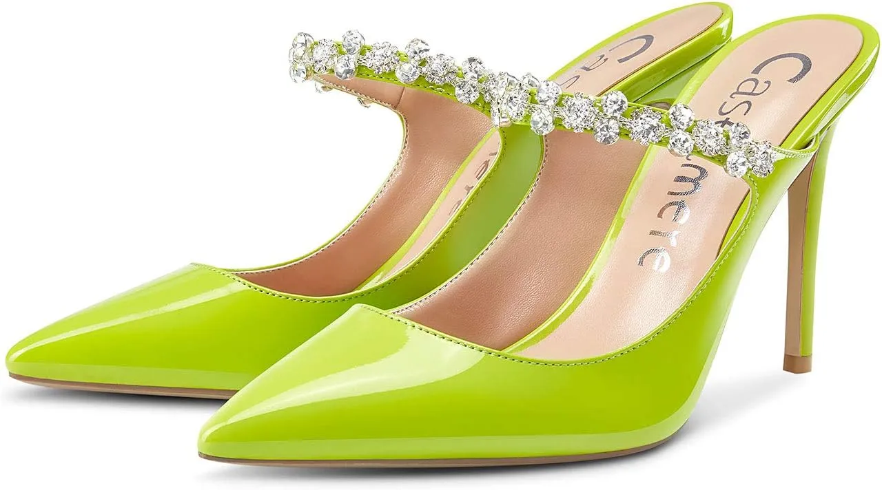 Castamere Womens Slingback Slip On High Heels Pumps Rhinestones Strappy Pointy Toe 10CM Heel Sandals