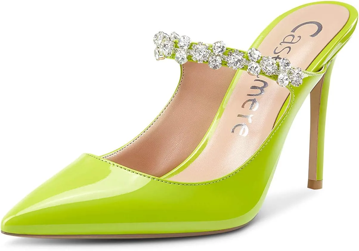 Castamere Womens Slingback Slip On High Heels Pumps Rhinestones Strappy Pointy Toe 10CM Heel Sandals