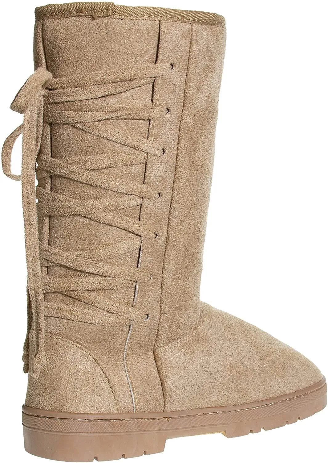 Chatties Chatz Womens Slip On High 11" Microsuede Winter Boots with Lace Up Back and Tassel Bow