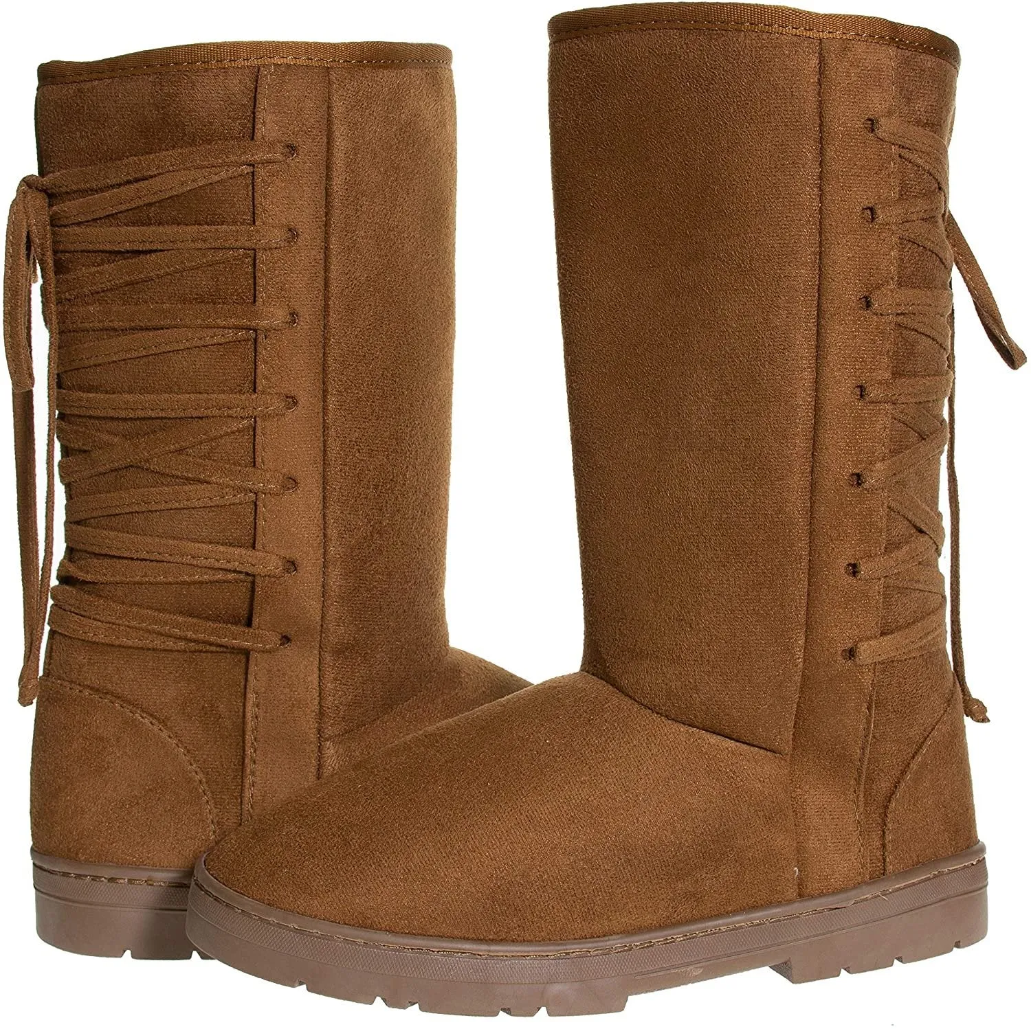 Chatties Chatz Womens Slip On High 11" Microsuede Winter Boots with Lace Up Back and Tassel Bow
