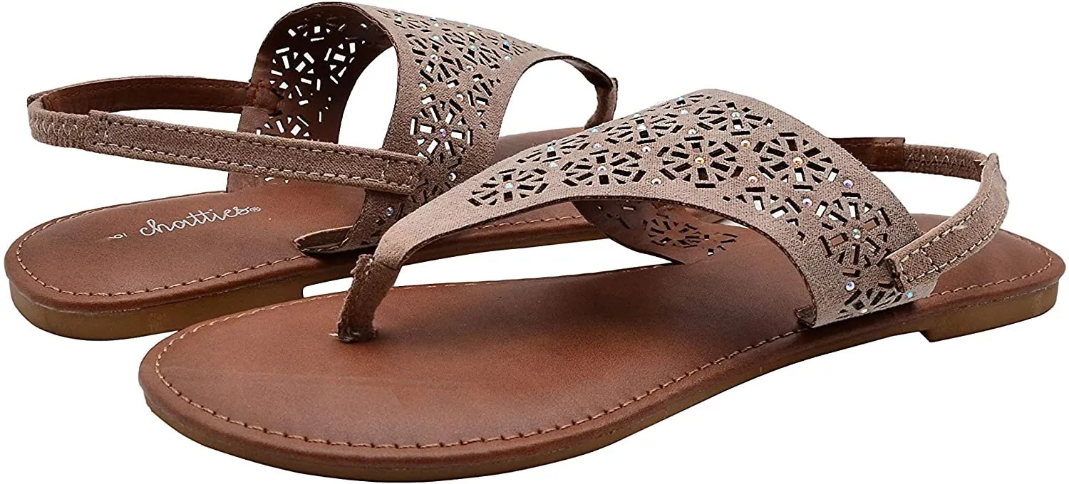 Chatties Women’s Microsuede Cutout Rhinestone Thong Sandal with Elastic Back Strap - Open Toe Fashion Summer Slide Shoe