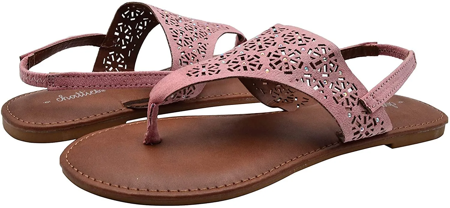 Chatties Women’s Microsuede Cutout Rhinestone Thong Sandal with Elastic Back Strap - Open Toe Fashion Summer Slide Shoe