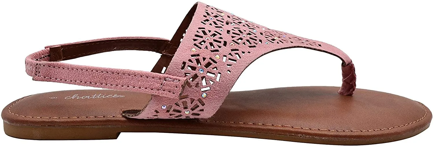 Chatties Women’s Microsuede Cutout Rhinestone Thong Sandal with Elastic Back Strap - Open Toe Fashion Summer Slide Shoe