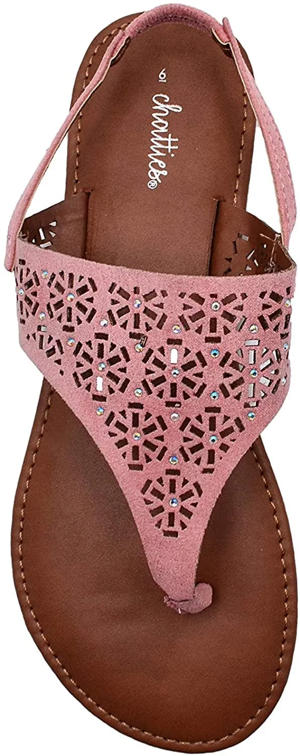 Chatties Women’s Microsuede Cutout Rhinestone Thong Sandal with Elastic Back Strap - Open Toe Fashion Summer Slide Shoe