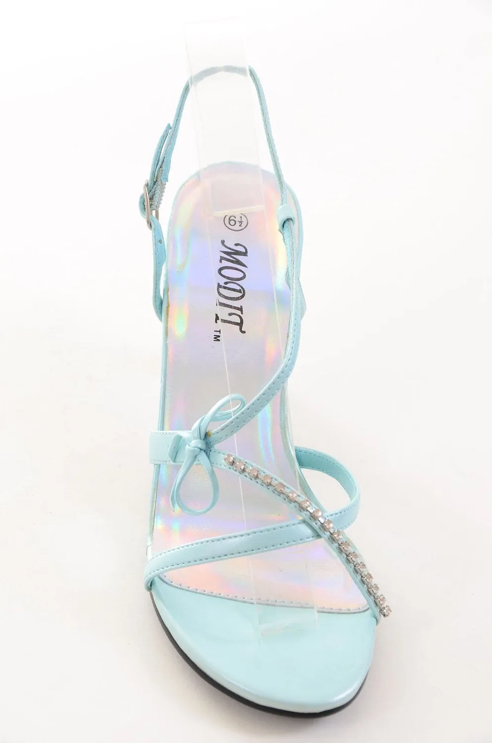 Clear Jeweled Strappy Blue Low Heel Slide Womens Heels