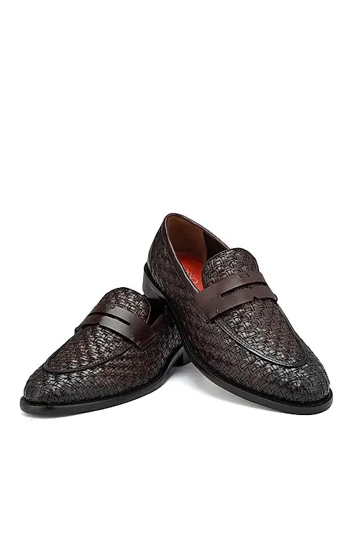 Coffee Textured Leather Loafers