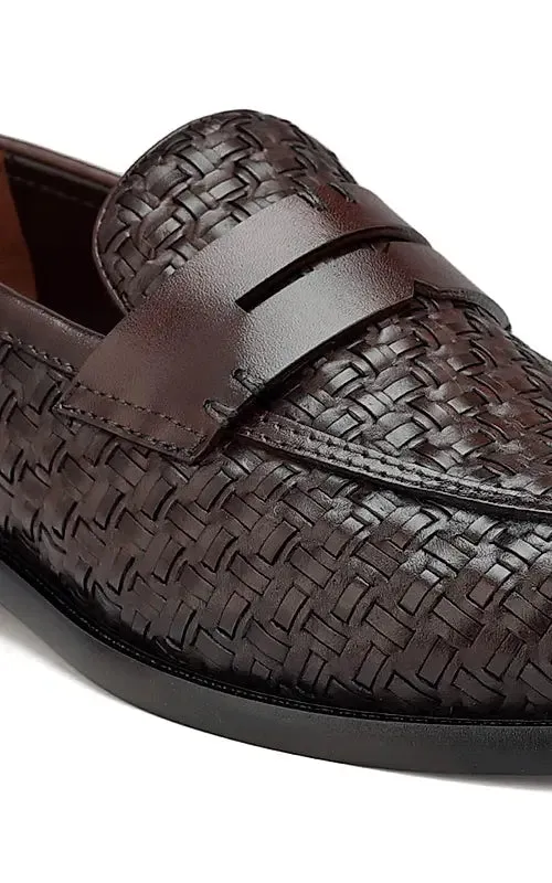 Coffee Textured Leather Loafers