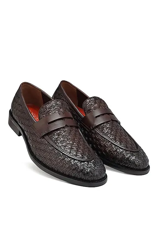 Coffee Textured Leather Loafers