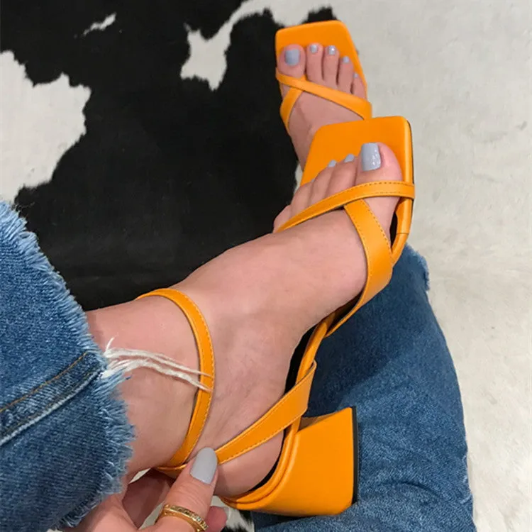 DEANWANGKT  2022 European and American New Foreign Trade Large Size Thick Heel Toe Covering Buckle Sandals Women's  Hollow Square Toe High Heels