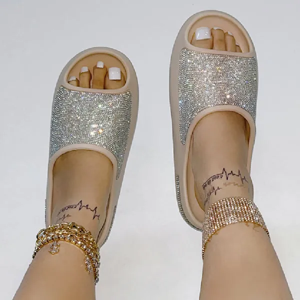 deanwangkt - Apricot Casual Daily Living Patchwork Rhinestone Round Comfortable Shoes
