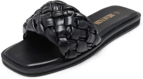 DREAM PAIRS Women's Square Open Toe Slide Sandals Cute Slip on Braided Strap Rhinestone Flat Sandals for Summer