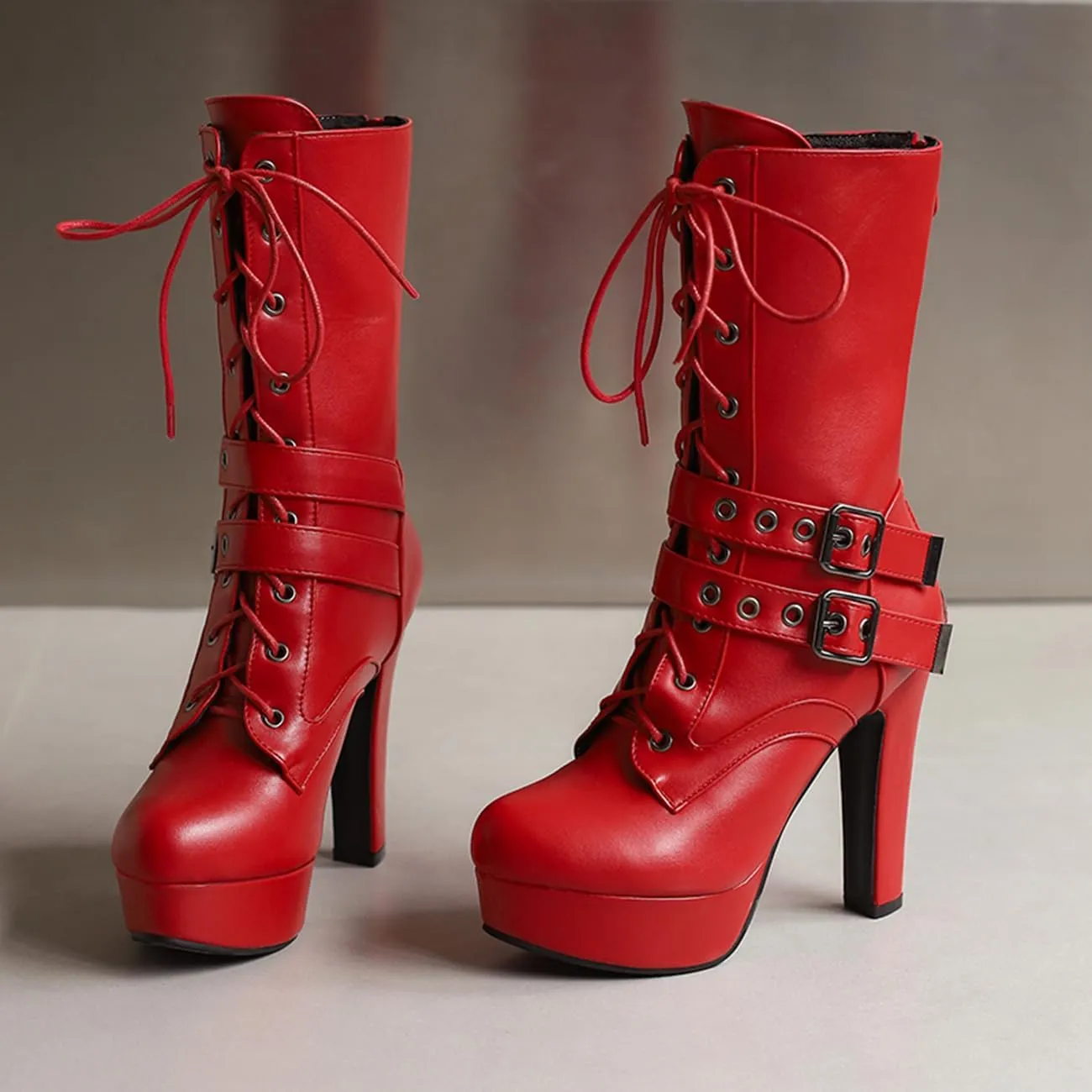 Fashion Womens Chunky High Heels Ankle Boots Lace up Platform Heels Booties