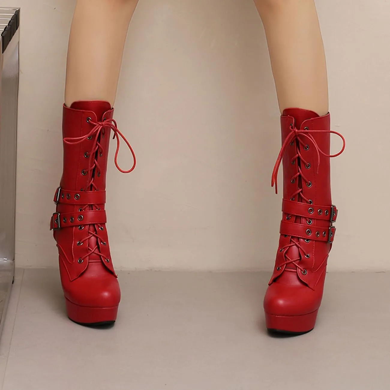 Fashion Womens Chunky High Heels Ankle Boots Lace up Platform Heels Booties