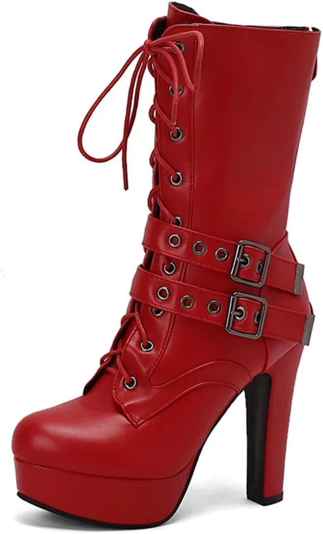 Fashion Womens Chunky High Heels Ankle Boots Lace up Platform Heels Booties