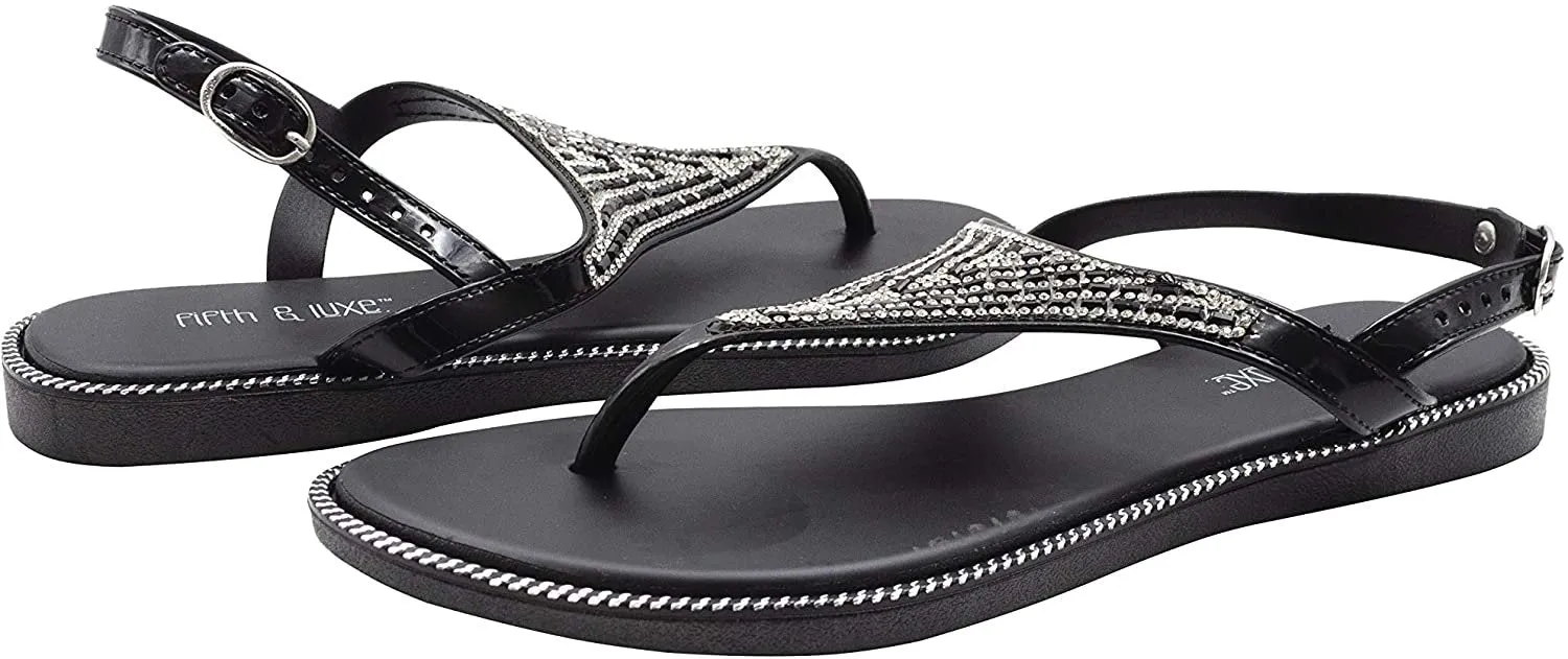 Fifth & Luxe Women's Slip-On PCU Thong Sandals with Rhinestone Upper, Open-Toe Flat Fashion Summer Shoes
