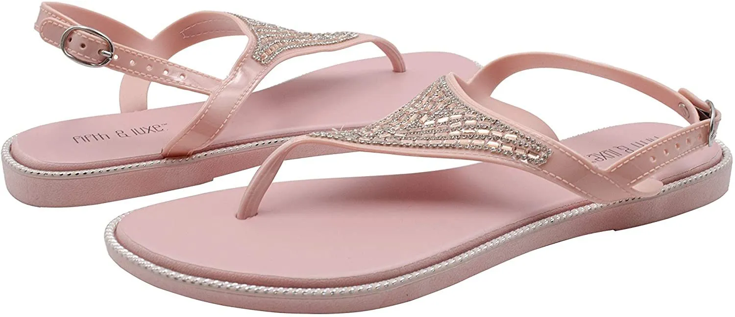 Fifth & Luxe Women's Slip-On PCU Thong Sandals with Rhinestone Upper, Open-Toe Flat Fashion Summer Shoes