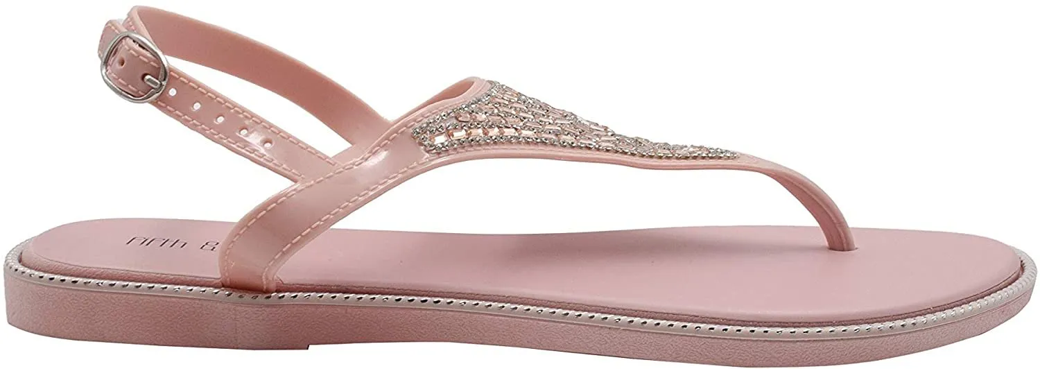 Fifth & Luxe Women's Slip-On PCU Thong Sandals with Rhinestone Upper, Open-Toe Flat Fashion Summer Shoes