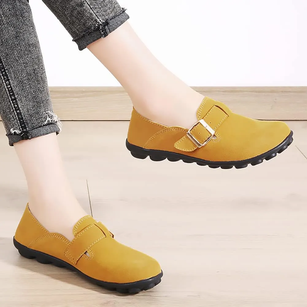 FolHaoth Womens Loafers with Adjustable Buckle Comfortable Suede Casual Slip On Flats Moccasins Loafer Shoes Breathable Nurse Driving Fashion Shoes