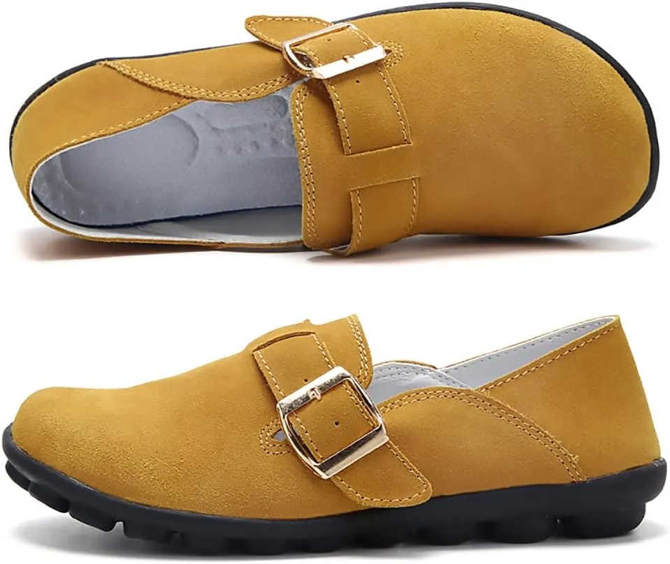 FolHaoth Womens Loafers with Adjustable Buckle Comfortable Suede Casual Slip On Flats Moccasins Loafer Shoes Breathable Nurse Driving Fashion Shoes
