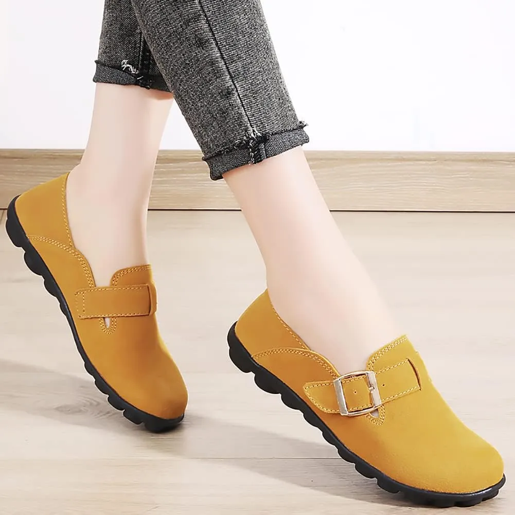 FolHaoth Womens Loafers with Adjustable Buckle Comfortable Suede Casual Slip On Flats Moccasins Loafer Shoes Breathable Nurse Driving Fashion Shoes