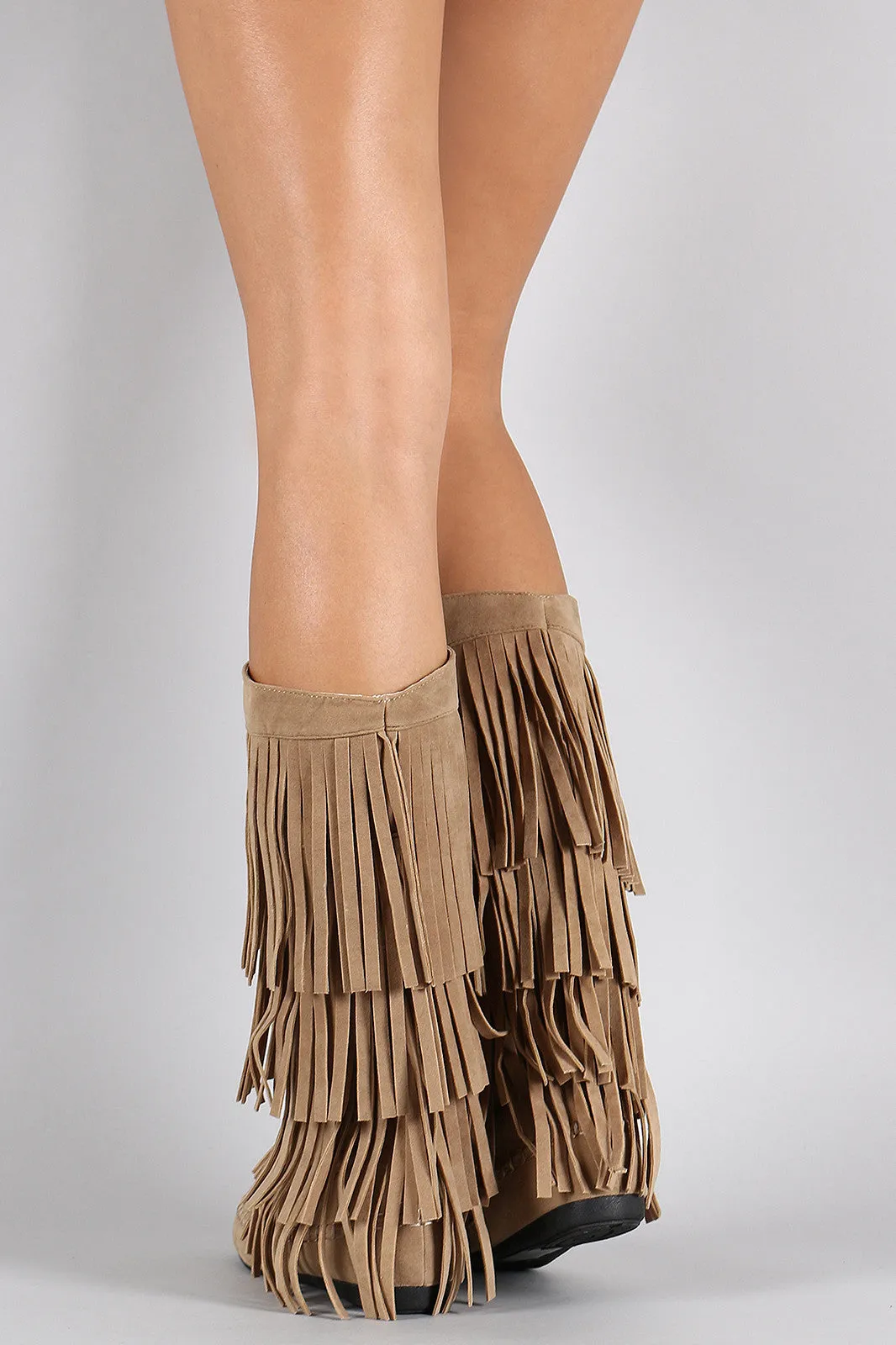 Fringe 4 Layer Moccasin Knee High Mid Calf Tall Vegan Boot