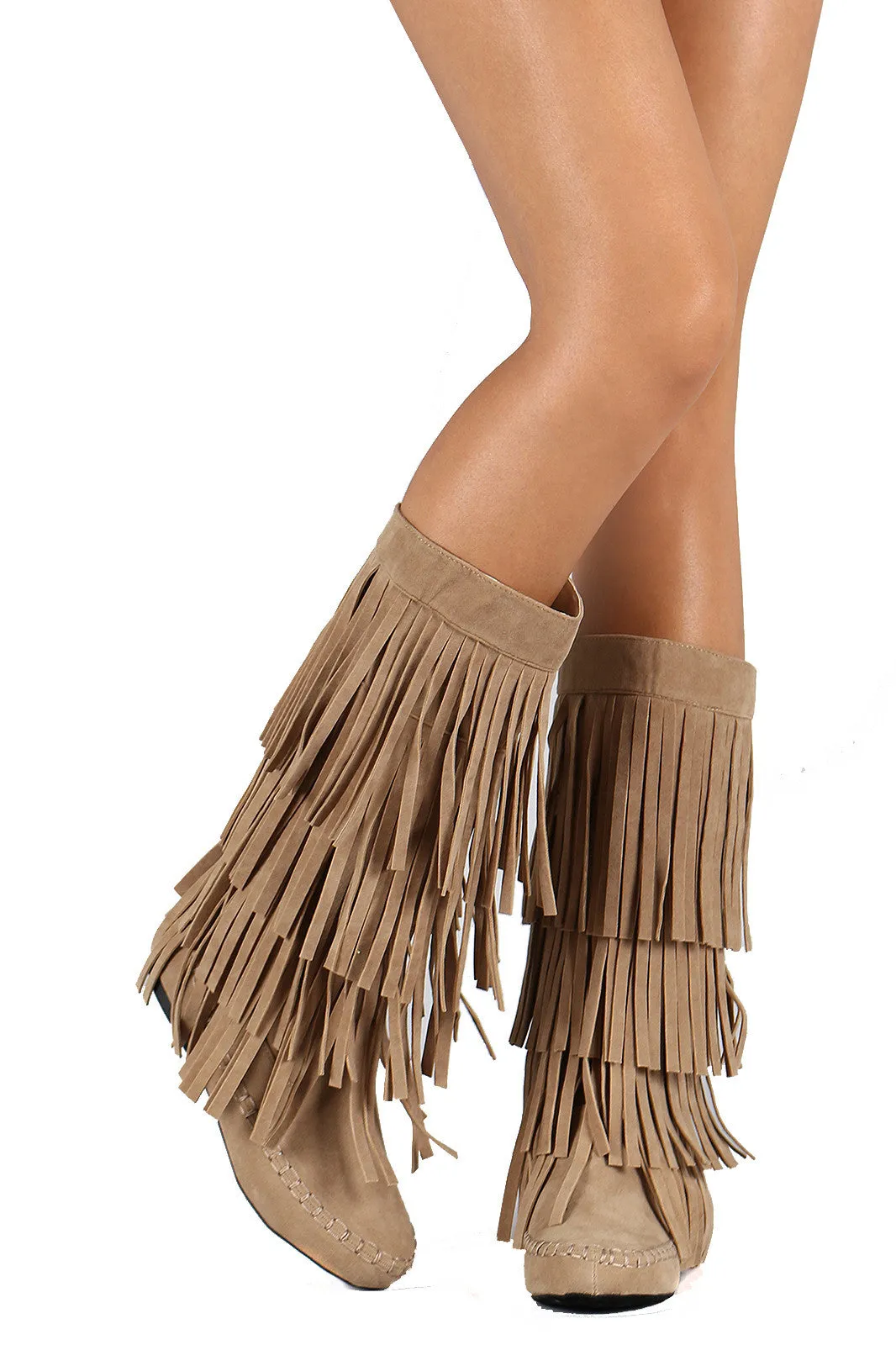 Fringe 4 Layer Moccasin Knee High Mid Calf Tall Vegan Boot