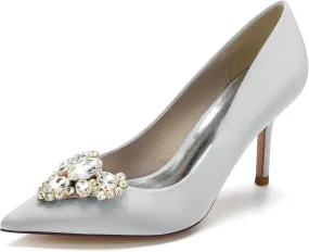 FufoneUS Women's Stiletto High Heel Dress Pumps Pointed Toe Bridal Wedding Evening Prom Shoes with Crystal,Silver,9