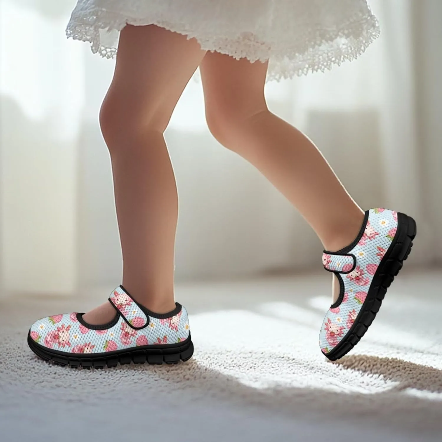 Girl's Animal Pattern Running Shoes Mesh Children's Mary Jane Shoes Slip On Sports Shoes Magic Sticker Casual Shoes