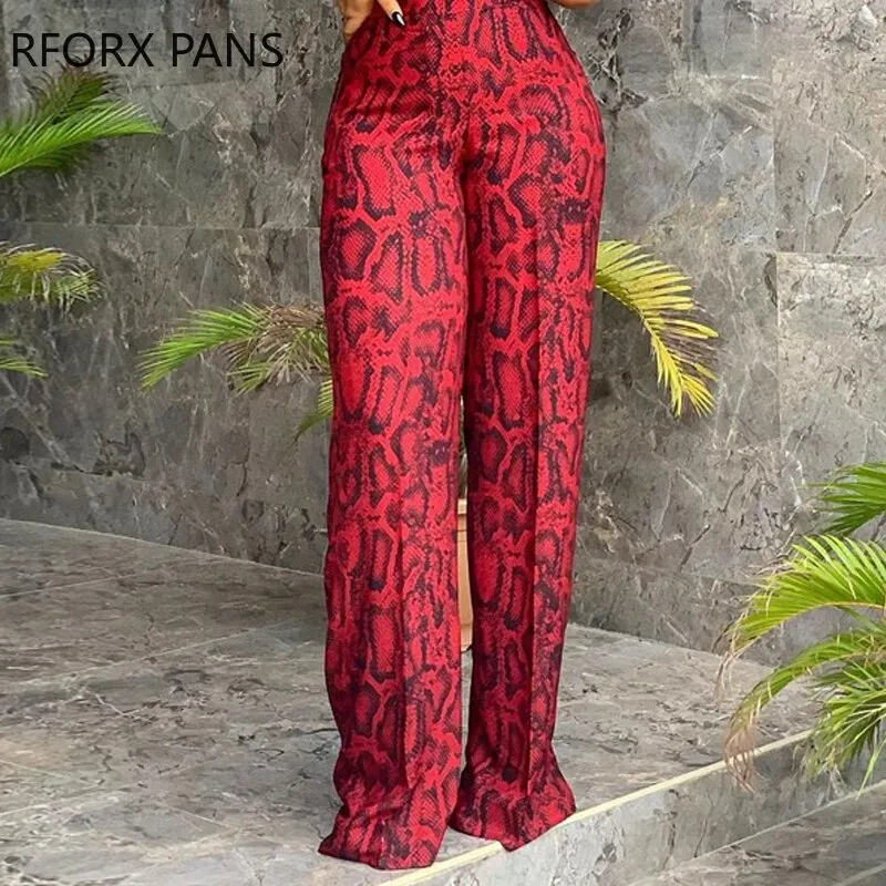 Joskaa Set for Women Snakeskin Print Top & Pants Set Two Pieces Casual Womens Outfits