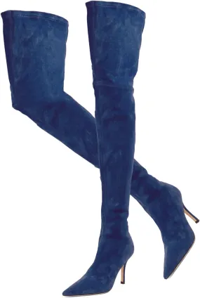 LEHOOR Sexy High Heels Thigh High Stiletto Boots Women Pointed Toe Stretch Zip Kitten Heel Suede Over Knee Boots 4-11 M US