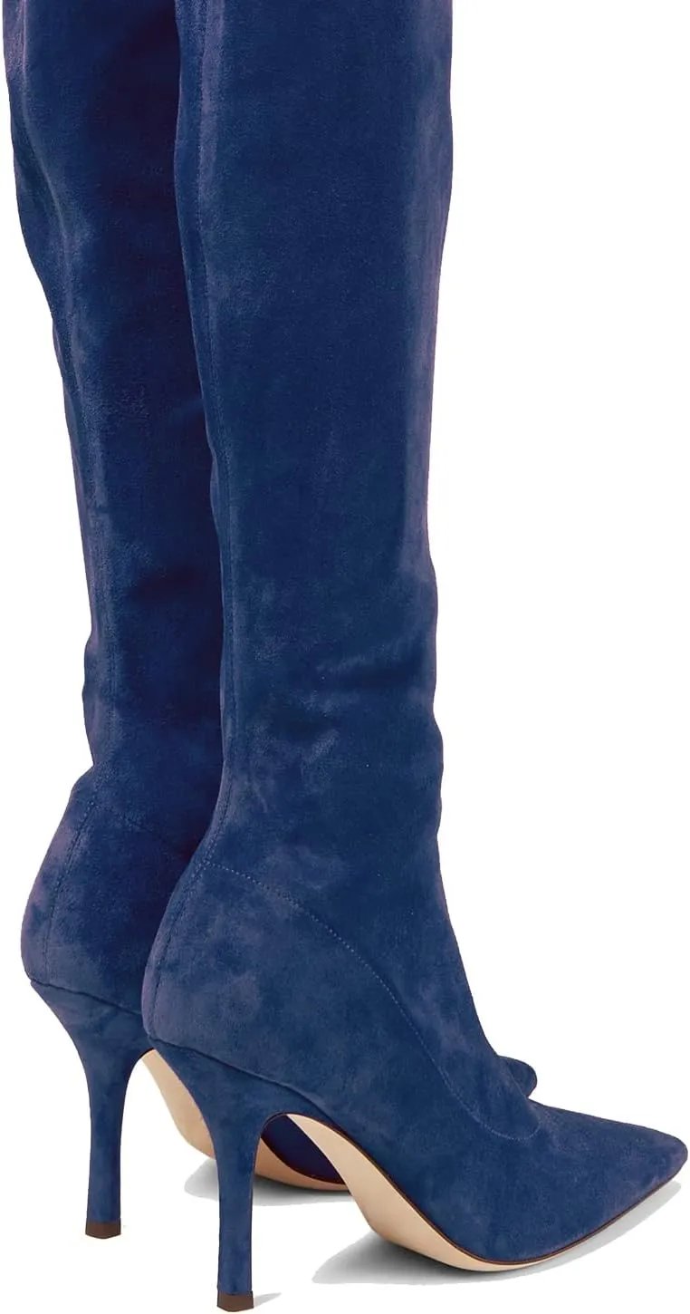 LEHOOR Sexy High Heels Thigh High Stiletto Boots Women Pointed Toe Stretch Zip Kitten Heel Suede Over Knee Boots 4-11 M US