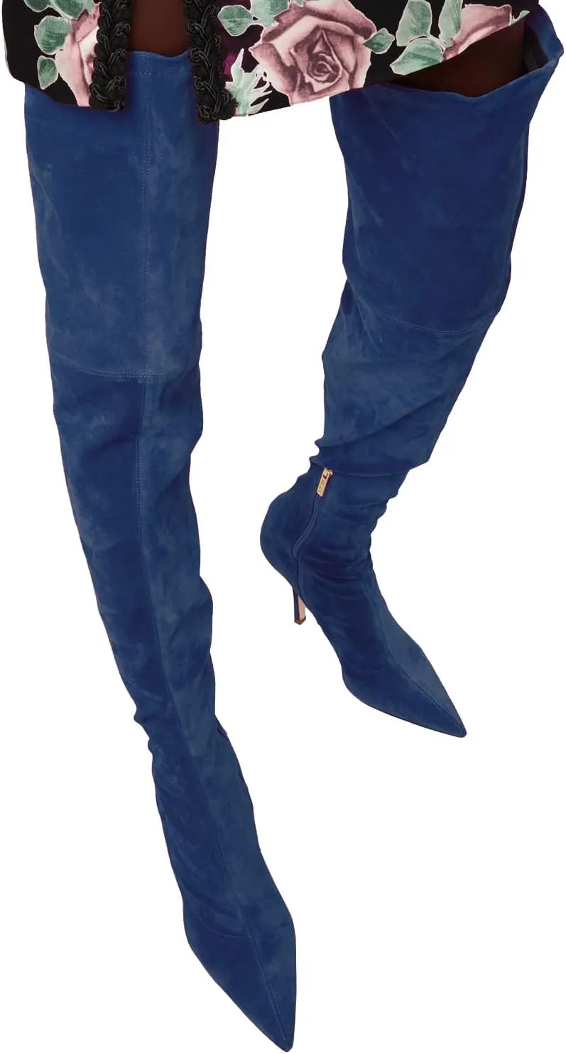 LEHOOR Sexy High Heels Thigh High Stiletto Boots Women Pointed Toe Stretch Zip Kitten Heel Suede Over Knee Boots 4-11 M US
