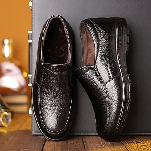 Loafer Shoes Driving Moccasins for Men Faux Fur Lined Option Round Toe Stitching Details Genuine Leather Warm Lightweight Anti-Slip Flexible Driving for Any Attire
