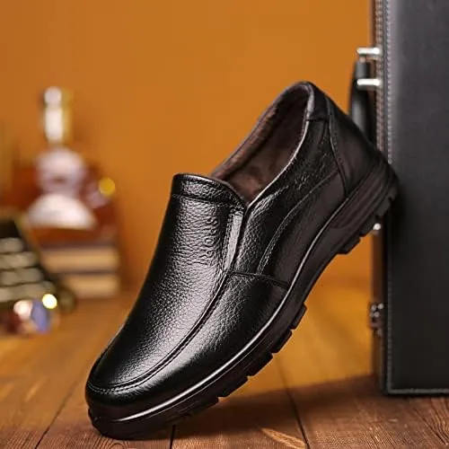 Loafer Shoes Driving Moccasins for Men Faux Fur Lined Option Round Toe Stitching Details Genuine Leather Warm Lightweight Anti-Slip Flexible Driving for Any Attire