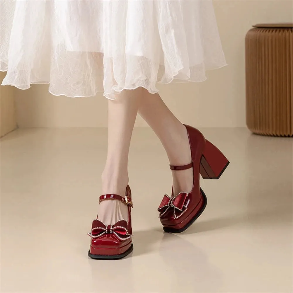 Merendy Iroquois Round toe toe platforms Chunky high heeled Burgundy Mary jane Pumps