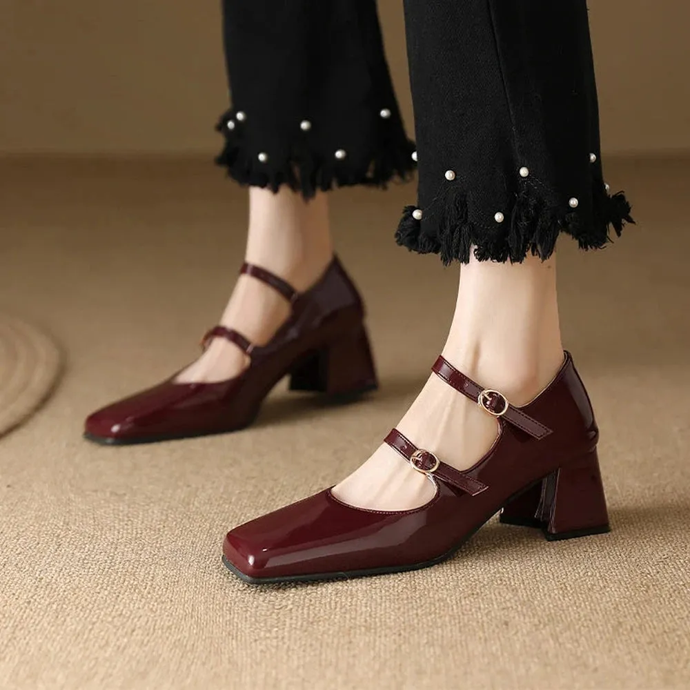 Merendy Tuareg Block High heeled Square toe Platform Burgundy Mary Jane Pumps