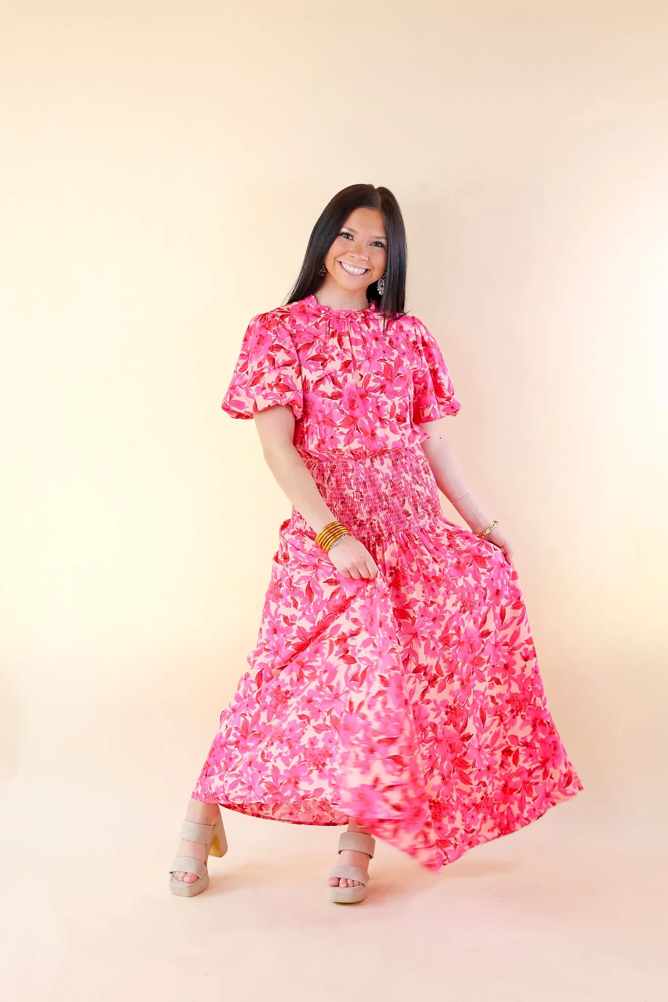 Moonlit Bay Floral High Neck Maxi dress with Smocked Waistline in Pink