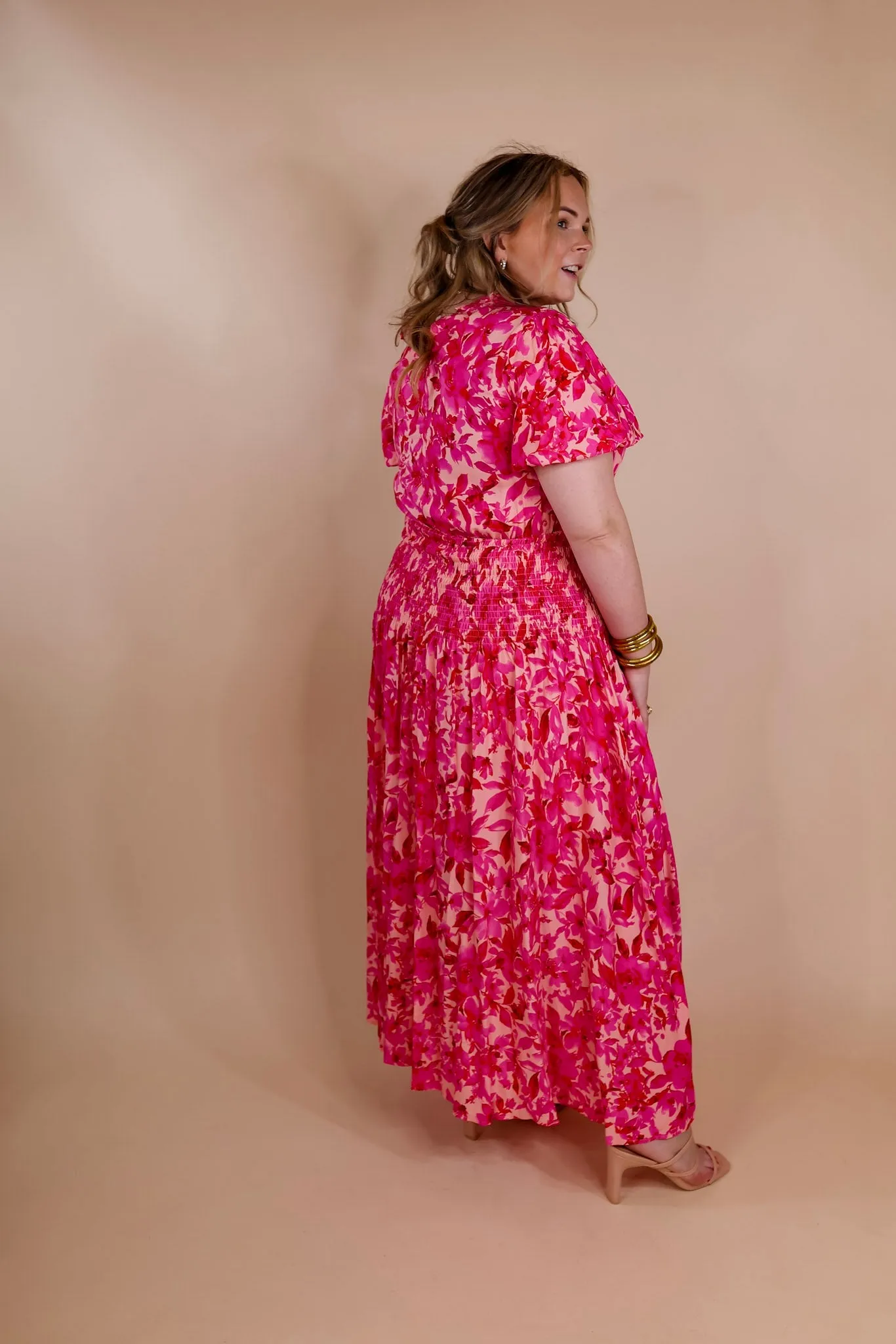 Moonlit Bay Floral High Neck Maxi dress with Smocked Waistline in Pink