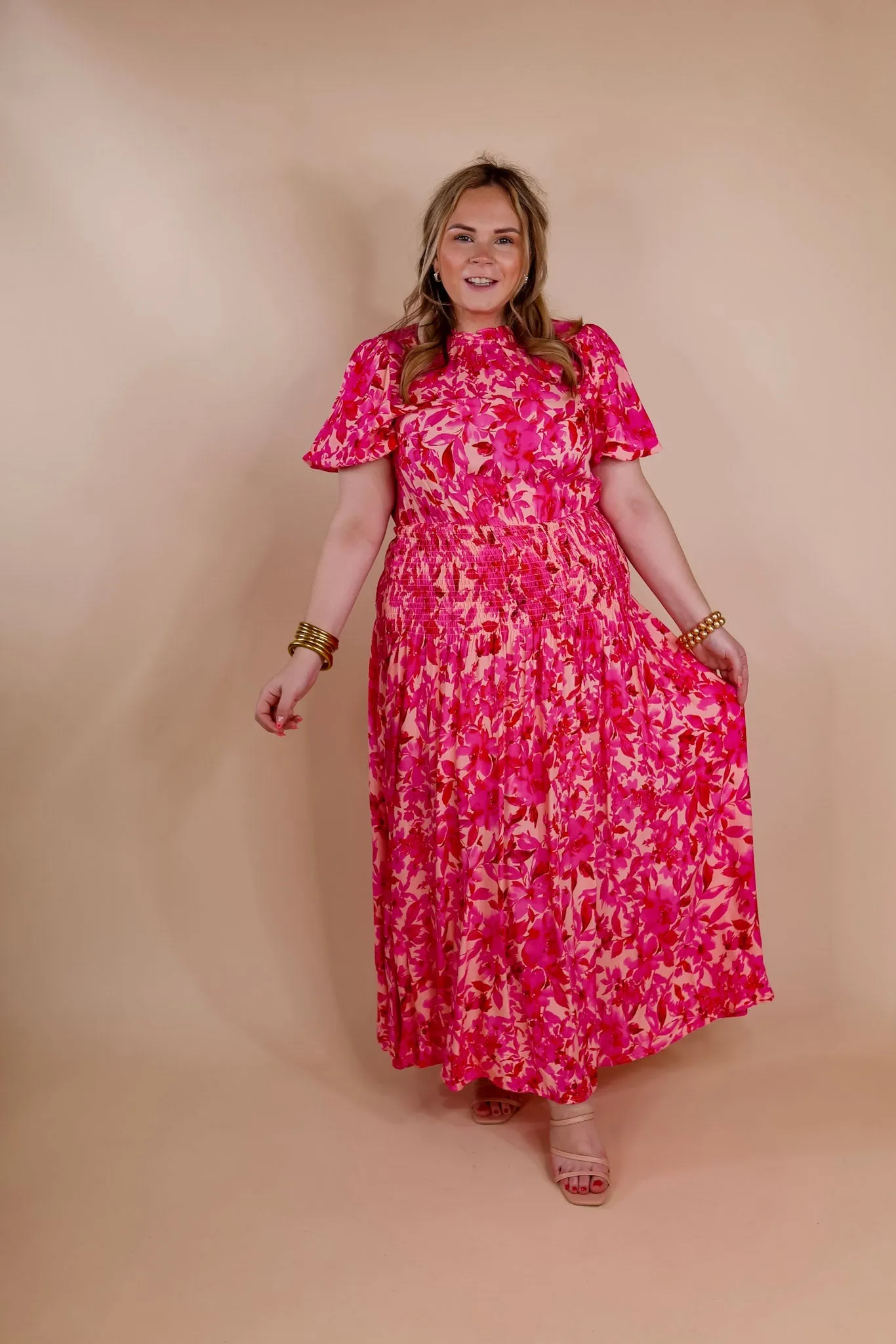 Moonlit Bay Floral High Neck Maxi dress with Smocked Waistline in Pink