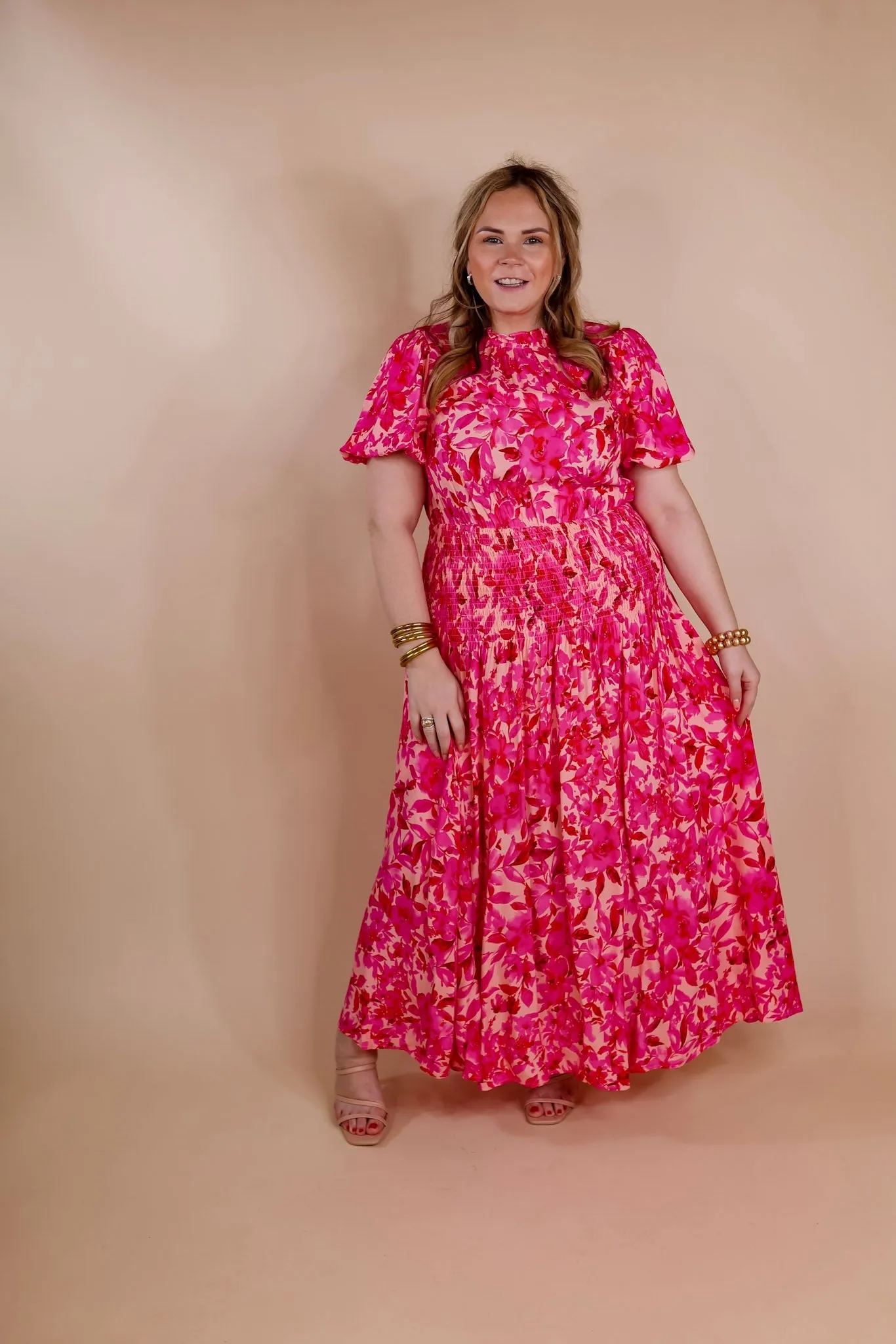 Moonlit Bay Floral High Neck Maxi dress with Smocked Waistline in Pink