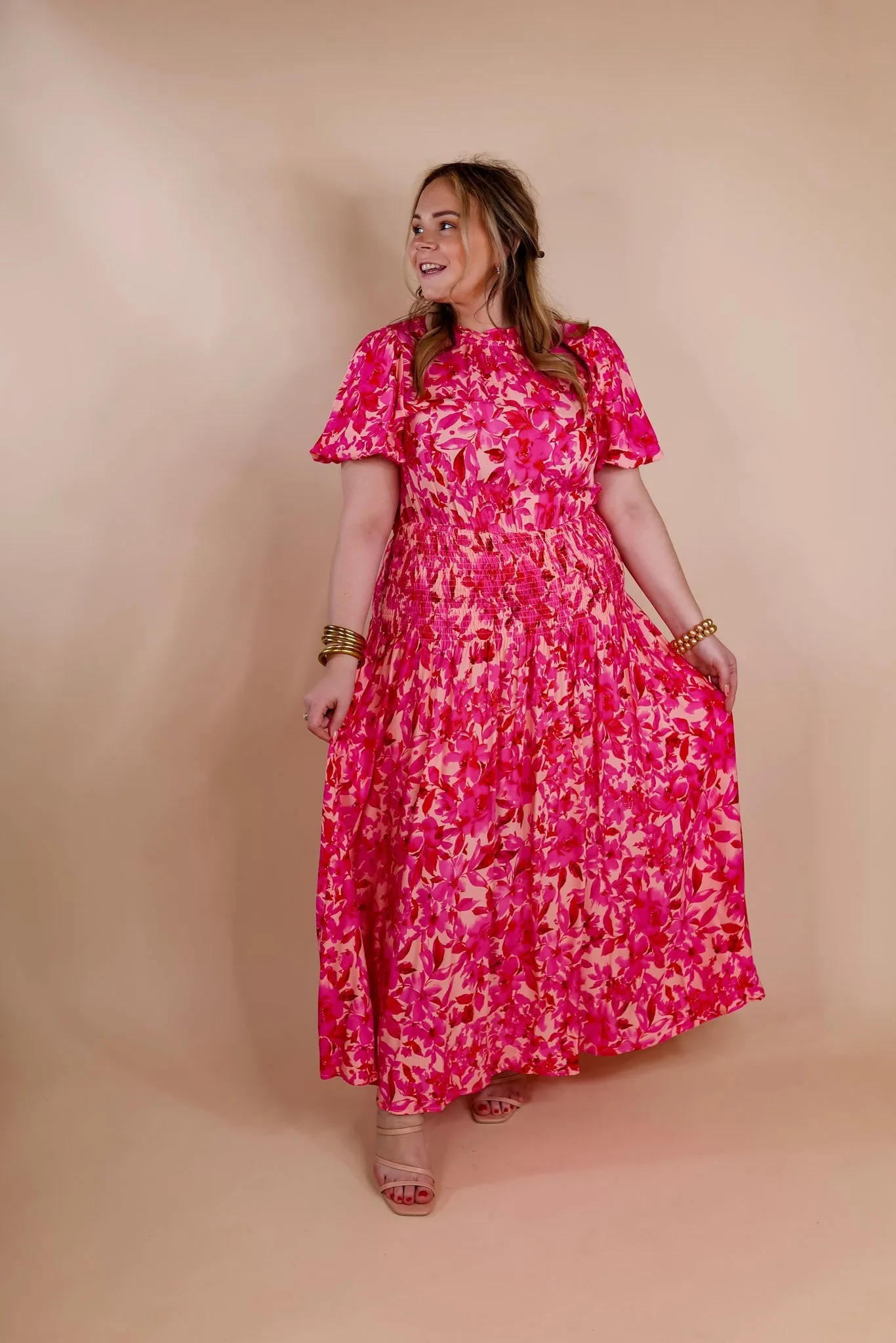 Moonlit Bay Floral High Neck Maxi dress with Smocked Waistline in Pink