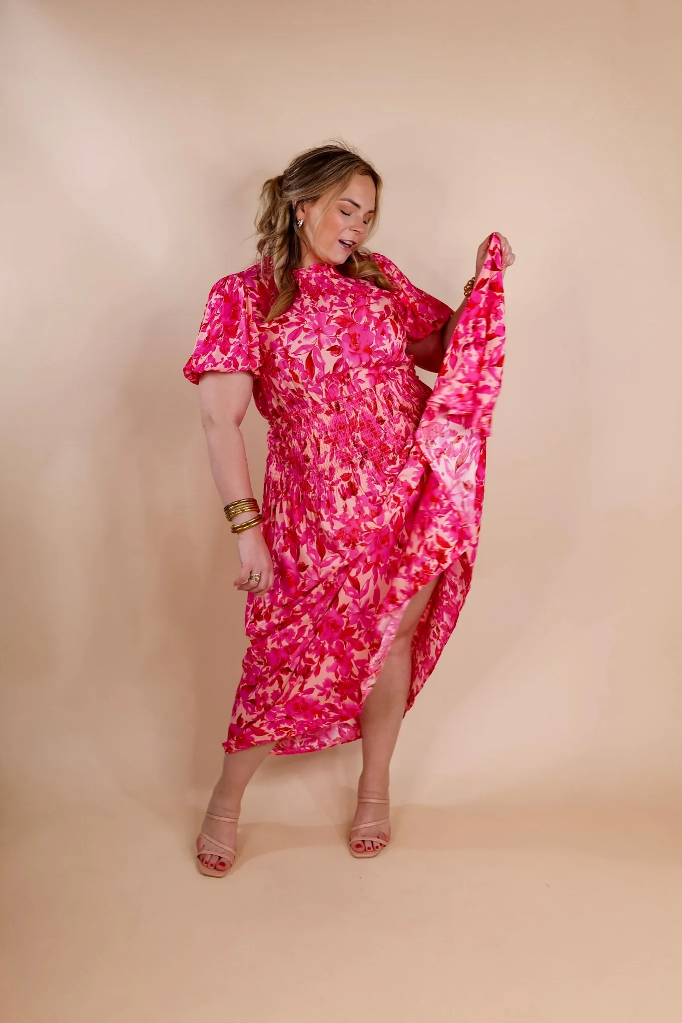 Moonlit Bay Floral High Neck Maxi dress with Smocked Waistline in Pink
