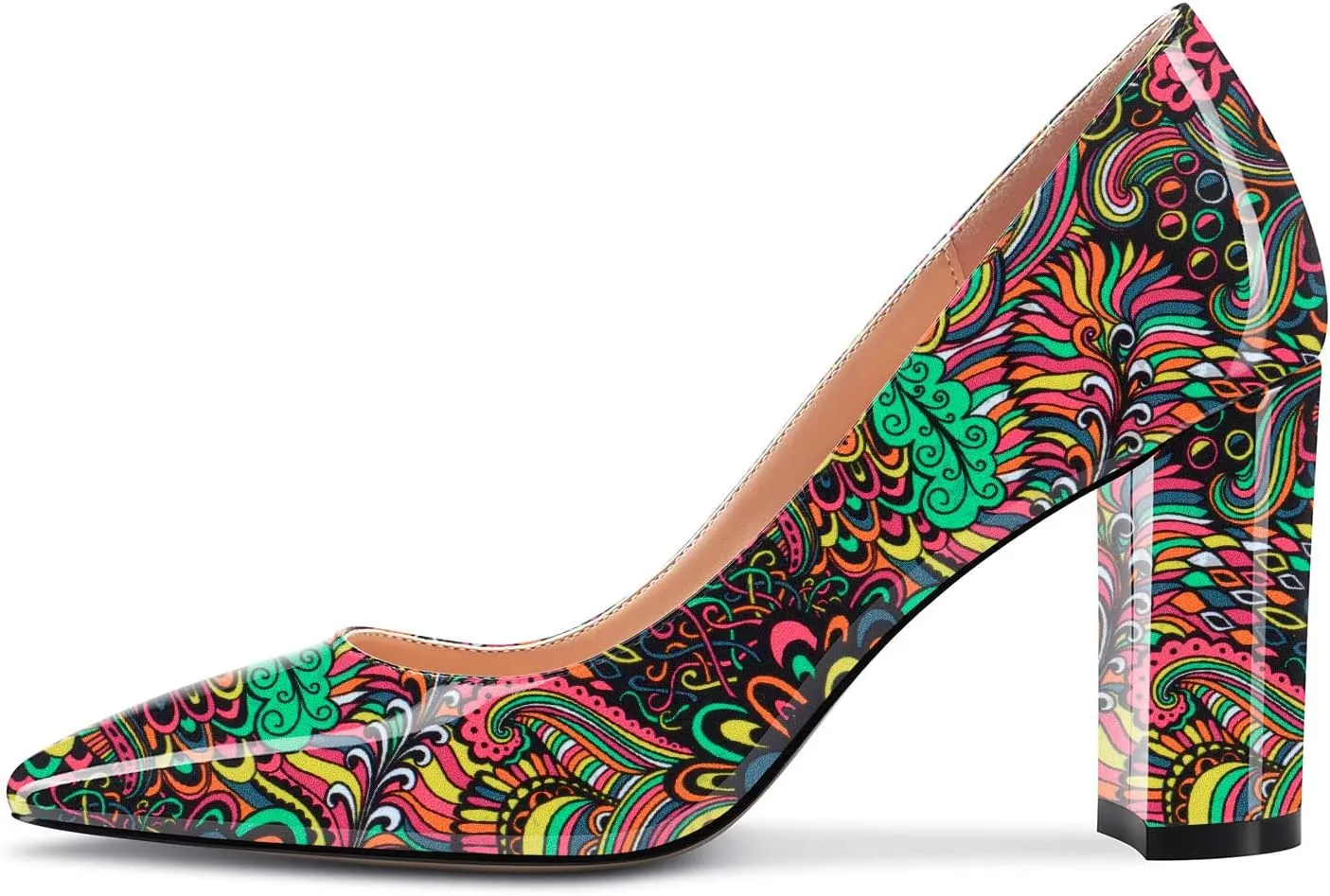 NobleOnly Women High Chunky Block Heel Square Close Toe Slip-on Pumps Classic Cute Dress Shoes 3.3 Inches Heels