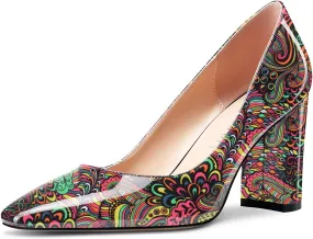 NobleOnly Women High Chunky Block Heel Square Close Toe Slip-on Pumps Classic Cute Dress Shoes 3.3 Inches Heels