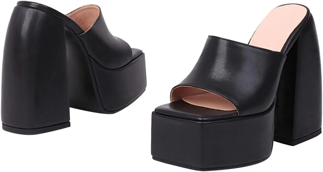 oiangi Platform Sandals for Women Chunky Heel Sexy Square Toe Peep Toe Slip on Block Heel High Heel Shoes Summer Solid Casual Comfy Ladies Slipper