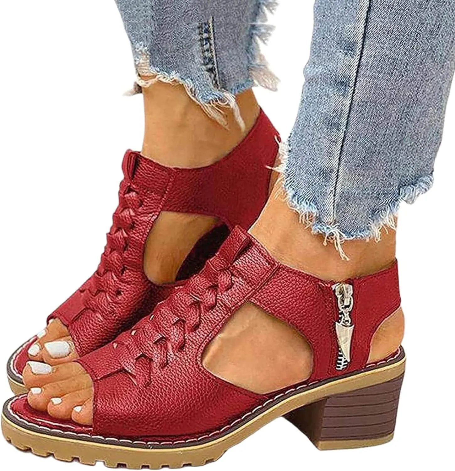 Orthopedic Sandals for Women Casual Fish Mouth WedgeSandals Peep Toe Cutout Zipper Chunky Heeled Sandal Thick Sole Wedge Slippers Comfortable Platform Slip On Shoes