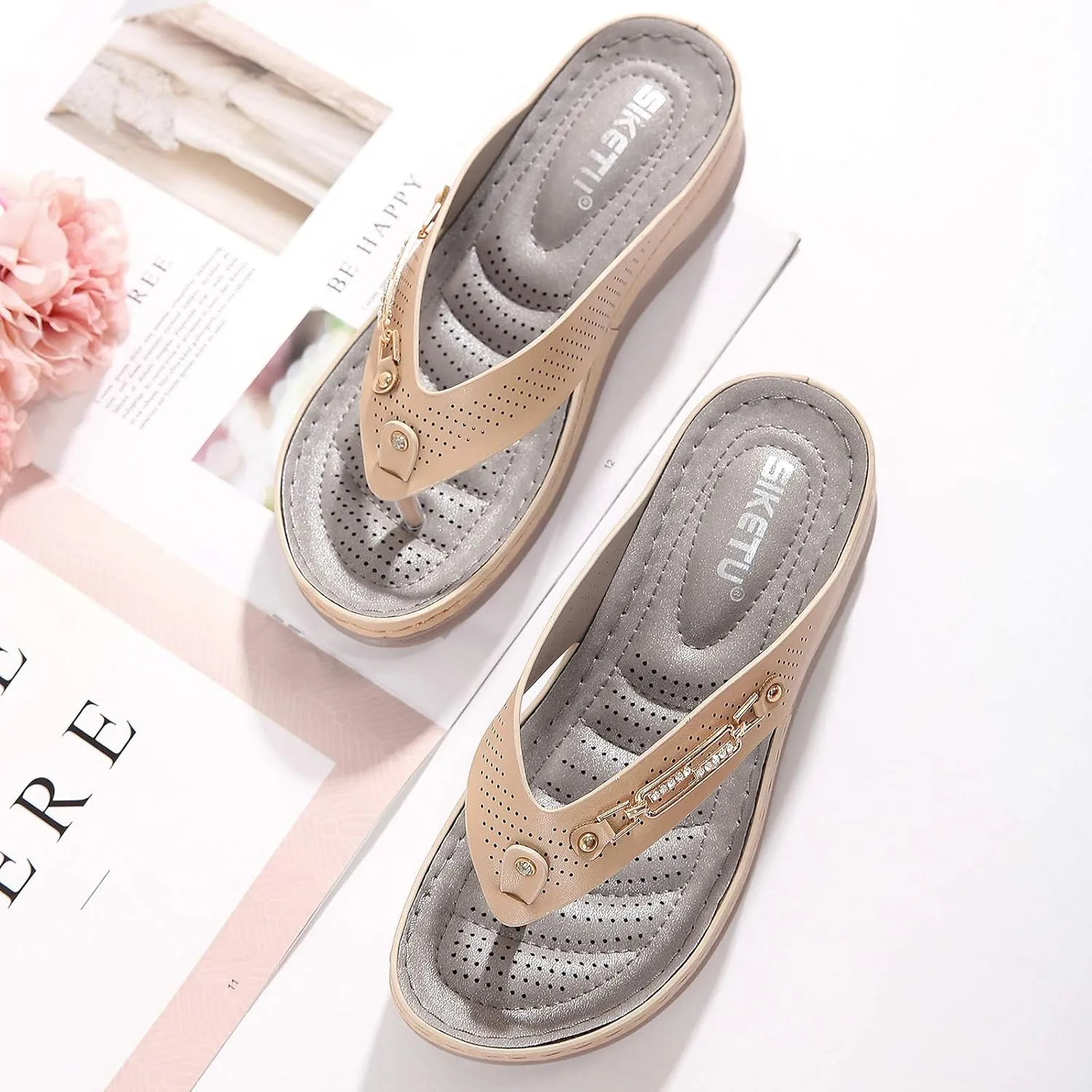 Platform Womens Sandals, Women's Wedges Flip-Flops Beach Sandals Clip Toe Casual Sandals Arch Support Massage Sandals