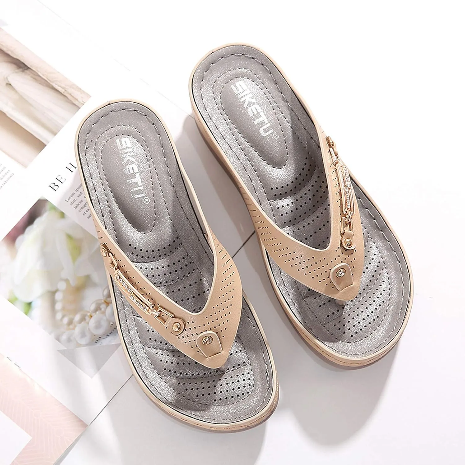 Platform Womens Sandals, Women's Wedges Flip-Flops Beach Sandals Clip Toe Casual Sandals Arch Support Massage Sandals