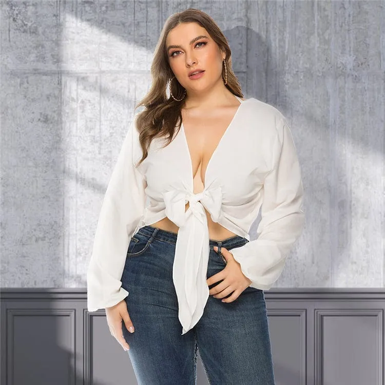 Plunge Neck Tie Front Blouse