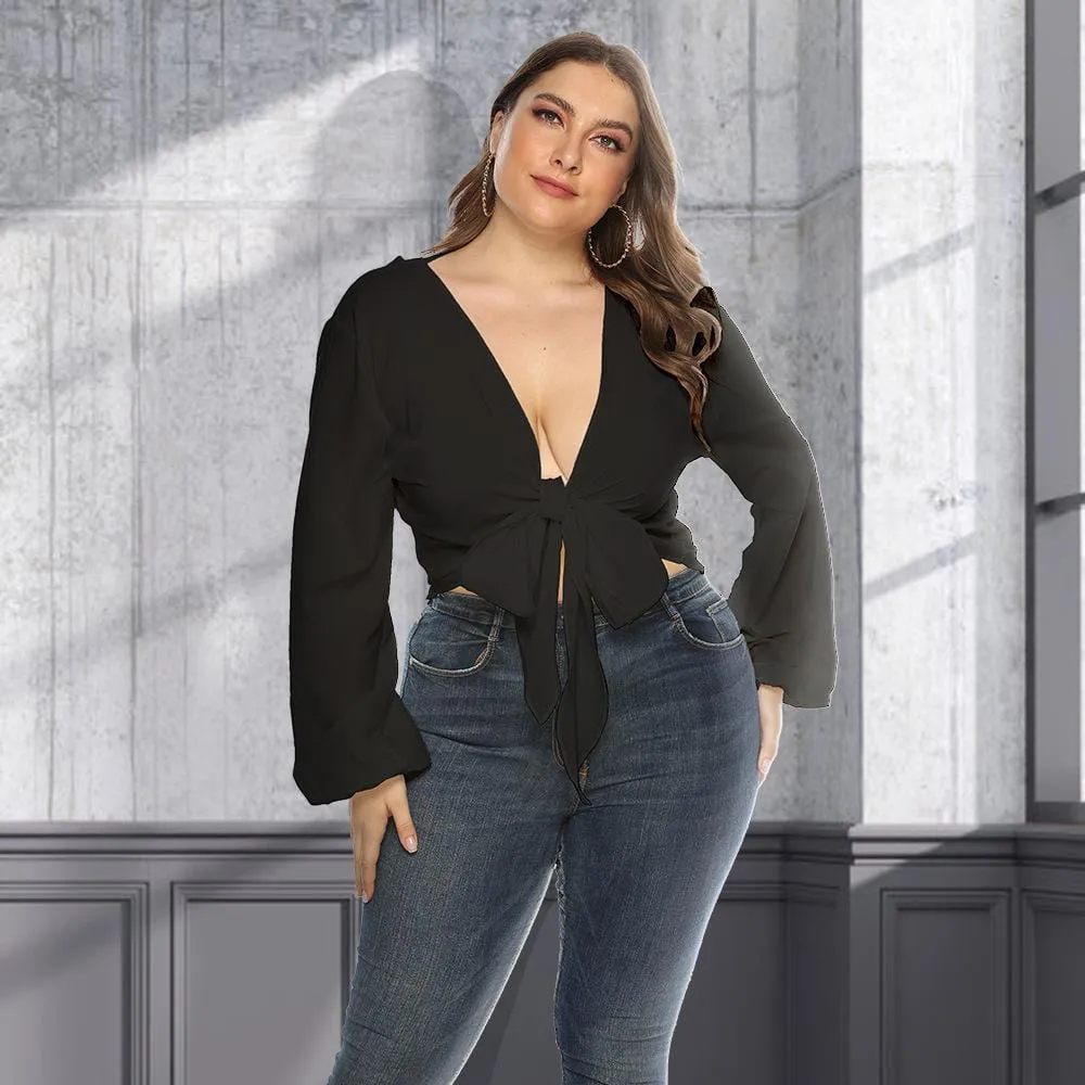 Plunge Neck Tie Front Blouse